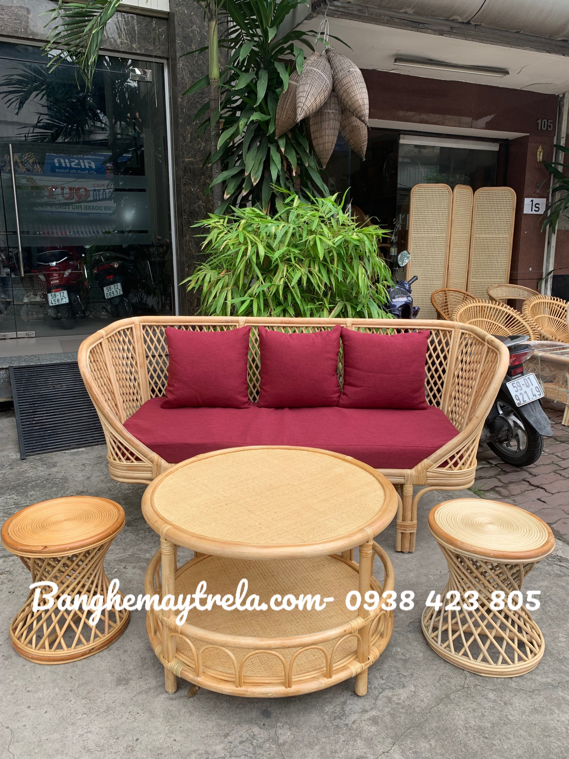 Bàn ghế sofa mây caro nhỏ gọn